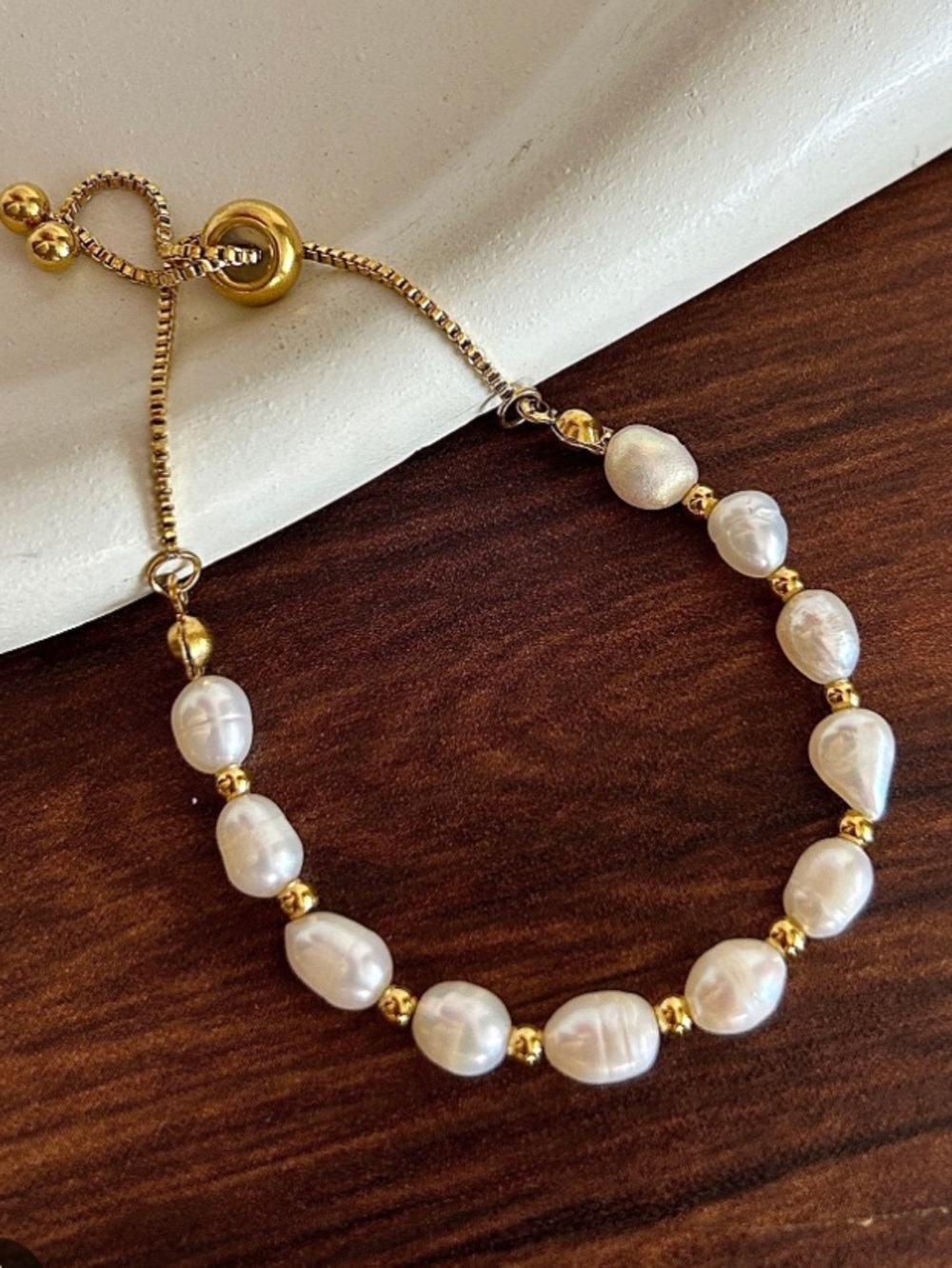 Gold & White Pearl Bead Adjustable Bracelet